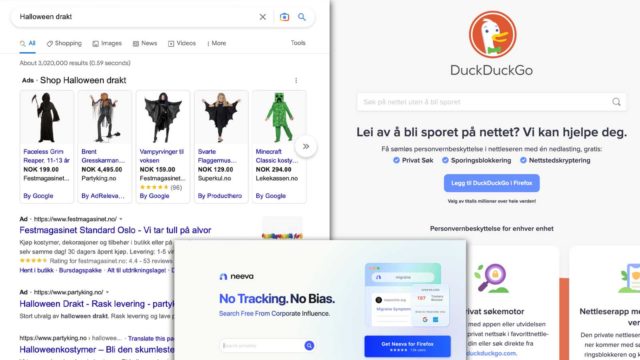 Bildet viser skjermklipp fra Google, Neeva og Duckduckgo.